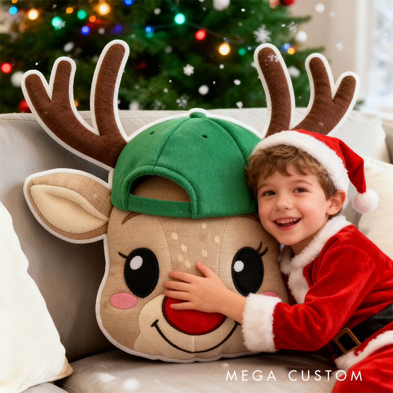 Personalized Cute Reindeer Face with Red Bow Custom Name and Year Soft Holiday Decoration Cozy Christmas Gift Plush Pillow