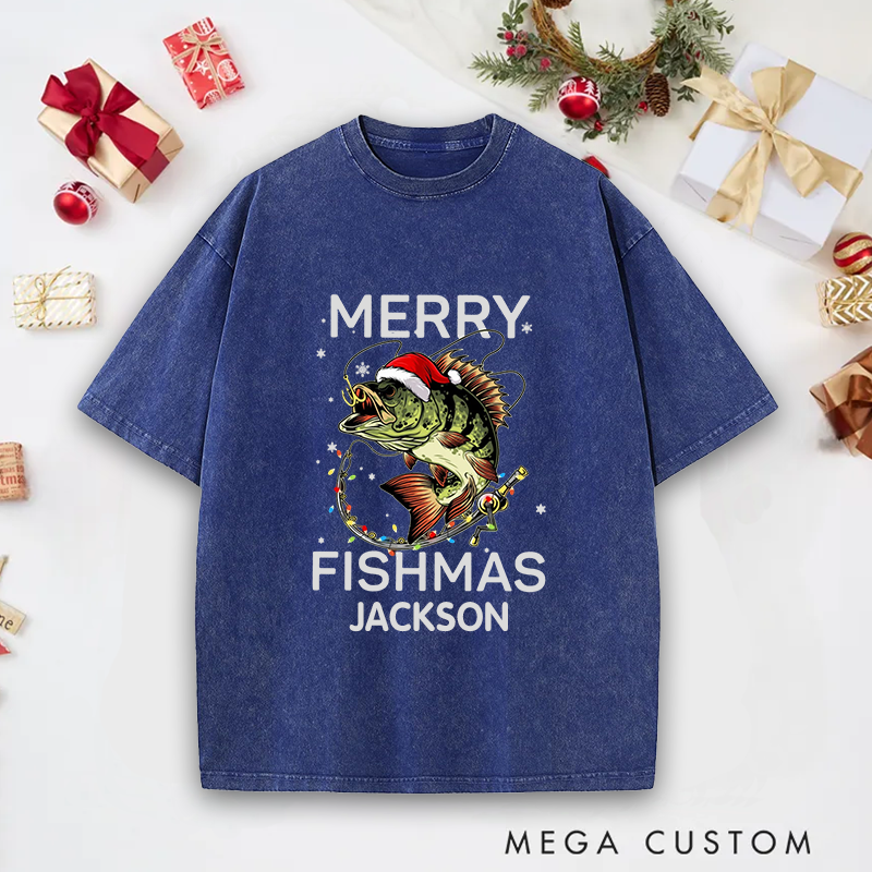 Personalized Fishing T-Shirt Merry Fishmas T-Shirt Funny Fishing Sweatshirt Christmas Gifts Ideal Gift for Fishing Lovers