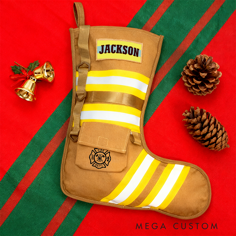 Personalized Firefighter Christmas Stocking with Custom Name and Reflective Stripes Unique Christmas Firefighter Gift