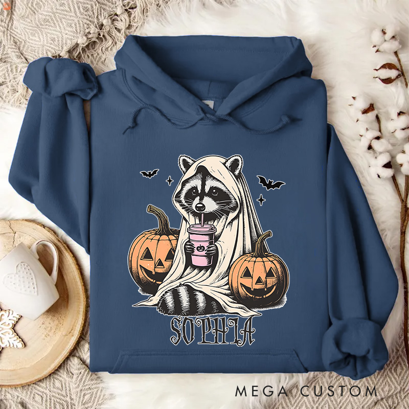 Personalized Raccoon with Pumpkins and Bats Adorable Halloween Forest Vibes Hoodies