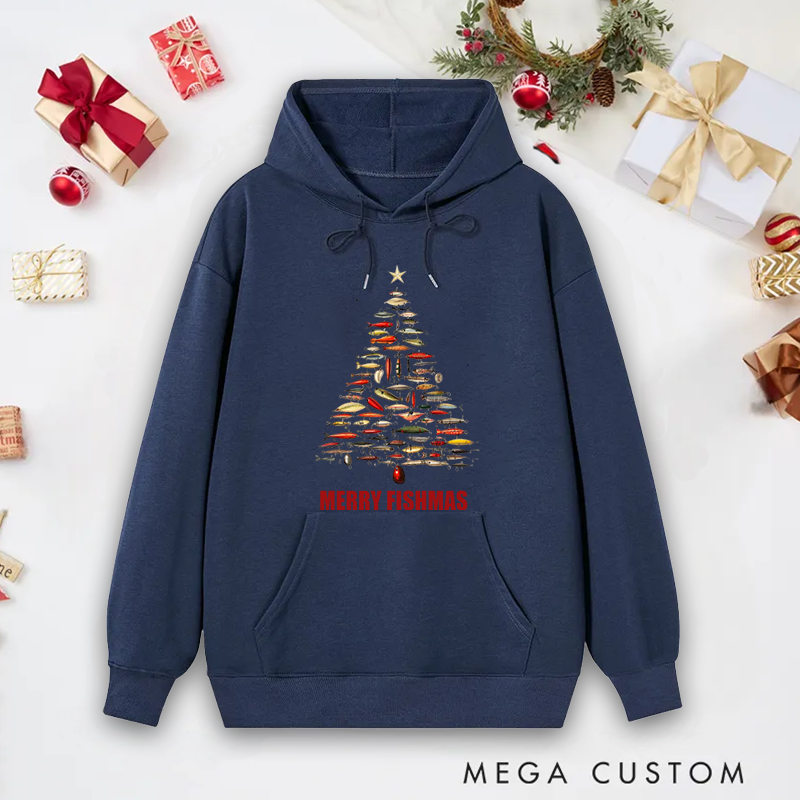 Personalized Fishing Christmas Tree Hoodie Fishing Lure Christmas Tree Hoodie Christmas Tree Sweatshirt Cozy Holiday Gift for Anglers