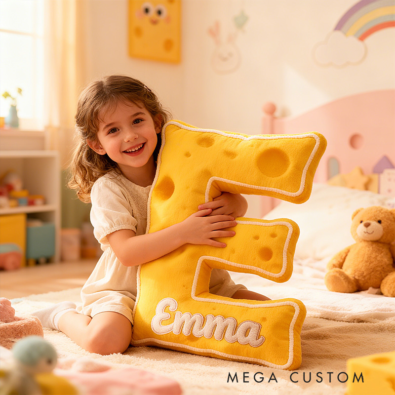 Personalized Yellow Cheese Letter Initial Custom Name Soft Decorative Gift Fun Kitchen Theme Kids Room Alphabet Shape Graphic 3D Print Pillow