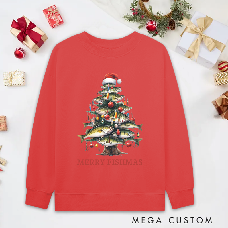 Personalized Festive Fish Tree Bass Sweatshirt Fisherman Christmas Tree Sweatshirt Cozy Funny Fishing Gift Holiday Gift for Fishing Enthusiasts