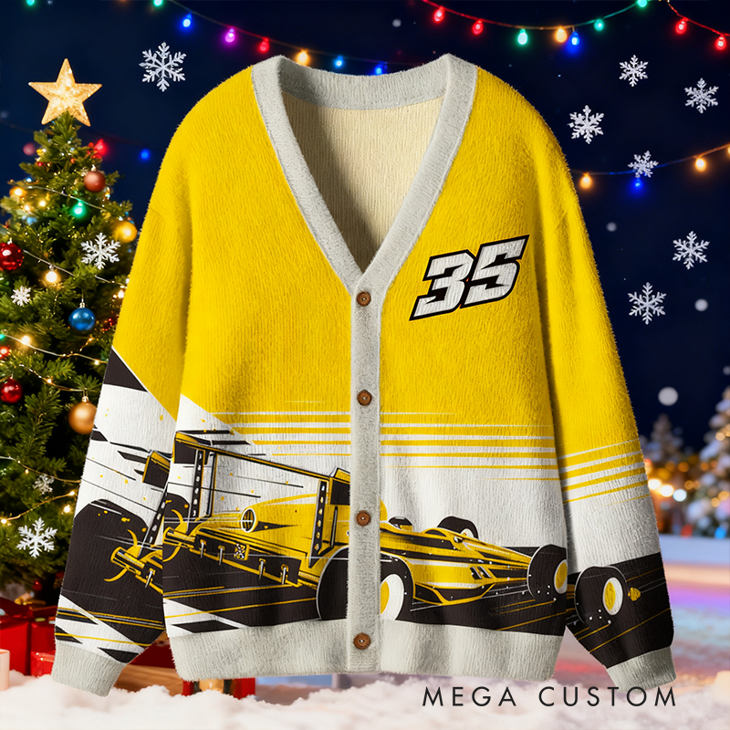 Personalized Racing Cardigan Sweater with Custom Number and Festive Design Perfect Christmas Gift