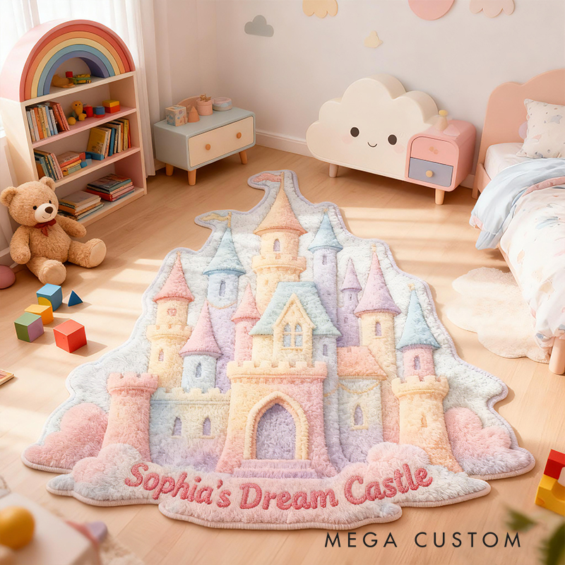 Personalized Dream Castle Shape Custom Name Soft Decorative Gift Fairytale Princess Style Cozy Nursery Room Rainbow Magic Fantasy Doormats