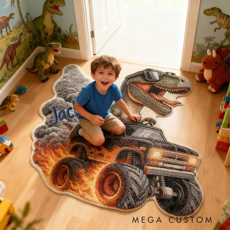 Personalized Dinosaur Monster Truck Custom Name Soft Decorative Gift Adventure Style Fun Playroom Cool Boys Room Fire Power Racing Doormats