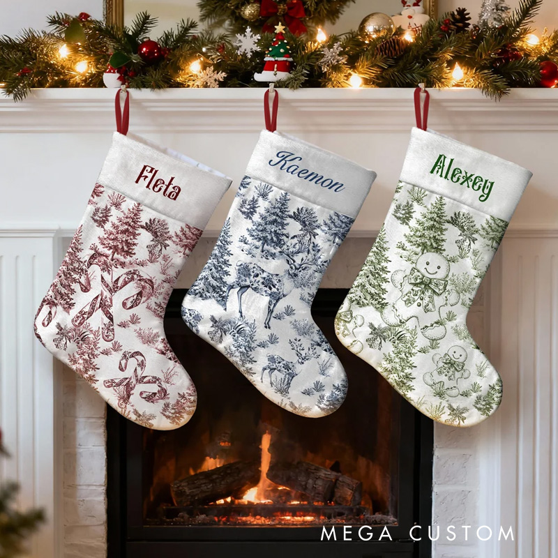 Personalized Toile De Jouy Santa Claus Reindeer Nutcracker Christmas Stocking with Name Home Decor Christmas Gift for Kids Family Friends
