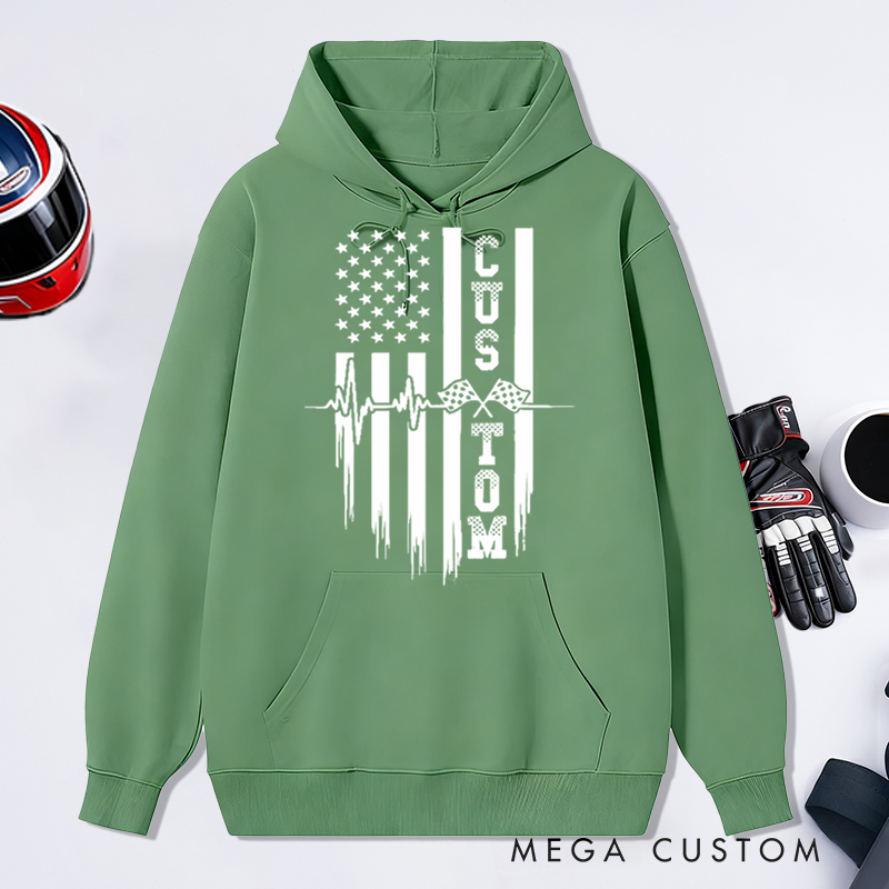 Personalized Racing Hoodie Custom Text Heartbeat Checkered Flag American Flag Sweatshirt for Car Lovers