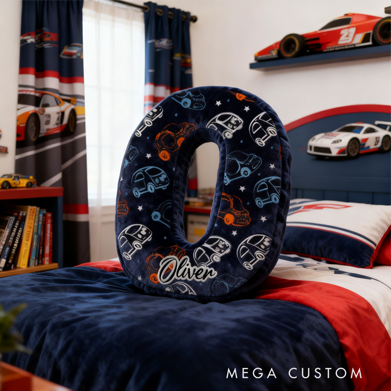 Personalized Cartoon Vehicle Themed Initial Pillow with Custom Name Gift for Kids and Vehicle Enthusiasts