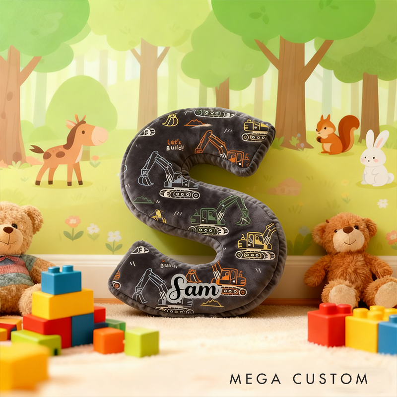 Personalized Construction Vehicle Themed Initial Pillow with Custom Name Gift for Kids Builders