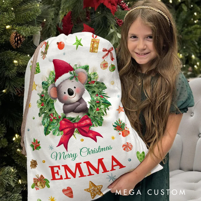 Personalized Cute Cartoon Christmas Animal Wreath Drawstring Christmas Gift Bag with Name Christmas Eve Party Gift for Kids Family Friends