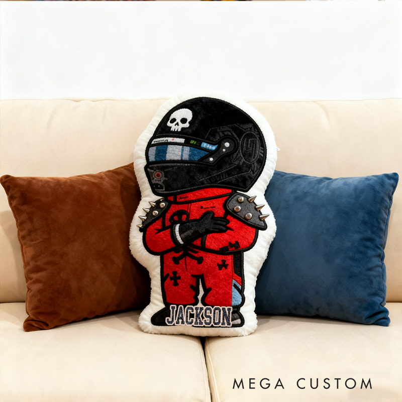 Personalized Vehicle Racing Driver Shaped Pillow with Skull Design and Custom Name Unique Gift for Kids