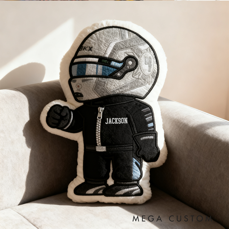Personalized Vehicle Racing Driver Shaped Pillow with Sleek Black Design and Custom Name Unique Gift for Kids