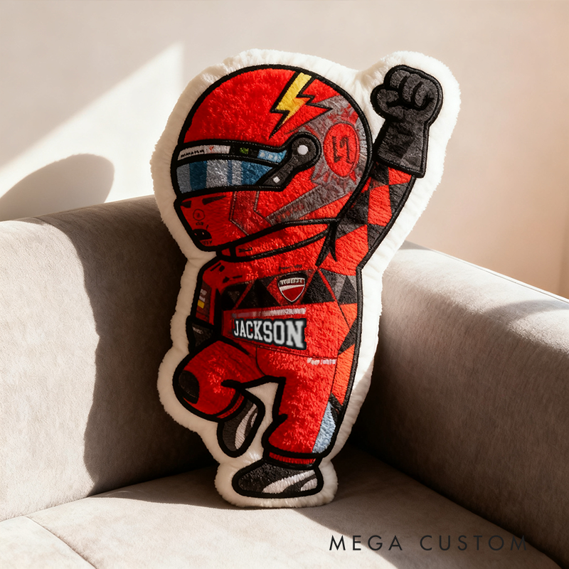 Personalized Vehicle Racing Driver Shaped Pillow with Red Lightning Design and Custom Name Unique Gift for Kids