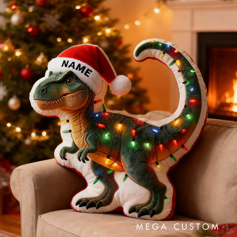 Personalized Christmas Dinosaur Custom Name Soft Decorative Gift Festive Holiday Style Cozy Home Fun Santa Hat Lights Joyful Winter Party Cute Graphic 3D Print Pillow