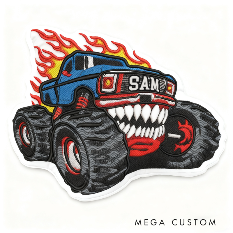 Personalized Monster Truck Shaped Pillow with Flame Design and Custom Name Unique Gift for Kids