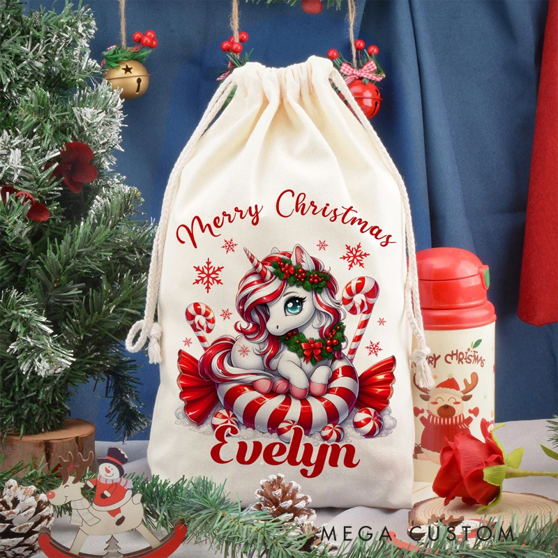 Personalized Merry Christmas Fantasy Dream Horse Drawstring Gift Bag with Name Christmas Eve Party Favors for Girls Boys Kids