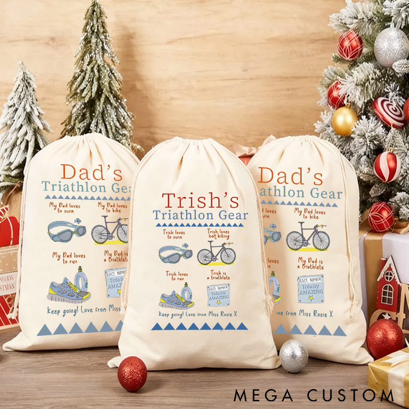 Personalized Merry Christmas Sack Family Christmas Gift Wrap Bag Triathlon Gear Sack Swim Bike Run Storage Gift Cotton Cycling Kit Sports Bag Gift for Cyclist Bicycle Biker Riding Lovers