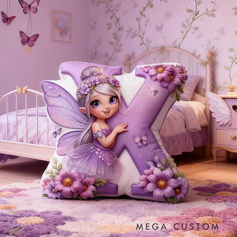 Personalized Fairy Letter Custom Name Soft Decorative Gift Magical Fantasy Style Cozy Bedroom Purple Flower Sparkle Dream Lovely Wings Enchanted Night Graphic 3D Print Pillow