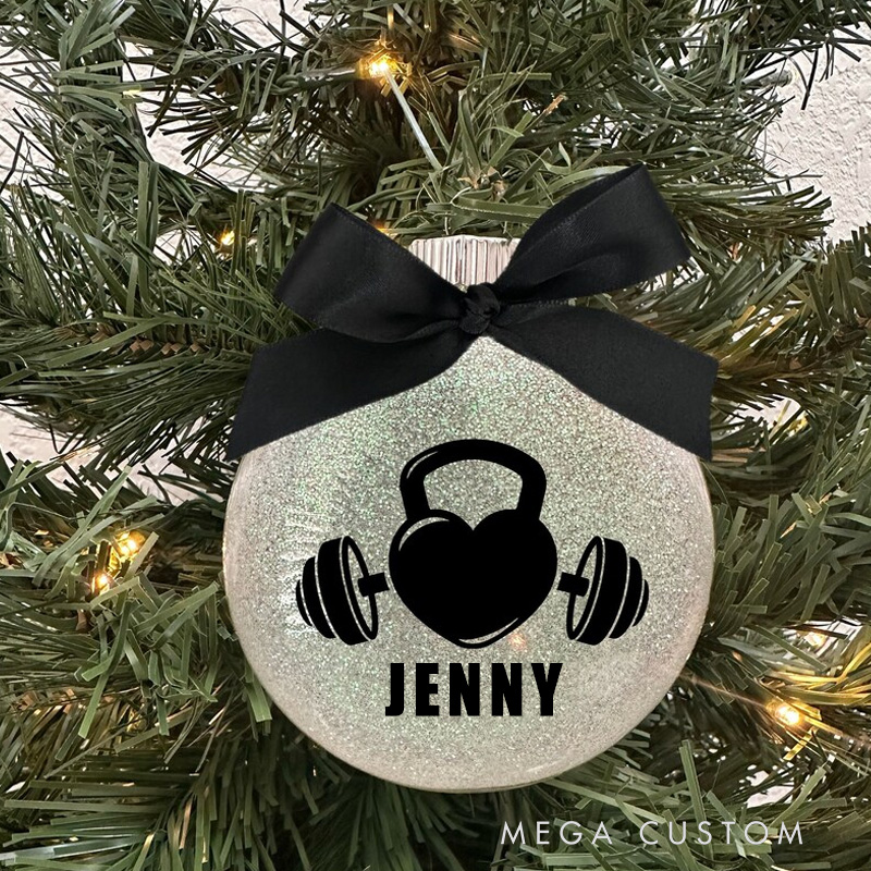 Personalized Bar Gym Motivation Workout Exercise Dumbbell Body Builder Athlete Glass Disc Glitter Christmas Holiday Tree Ornament with Bow
