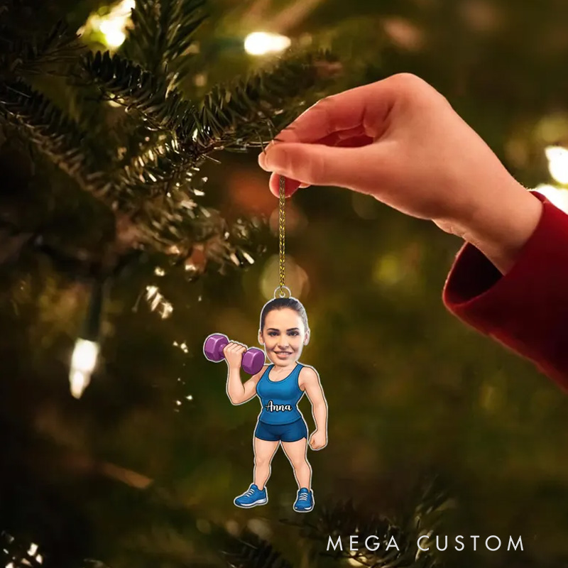 Personalized Fitness Ornament 2D Flat Custom Face Gym Ornament Gift for Women Girls Workout Christmas Ornament for Gym Lovers