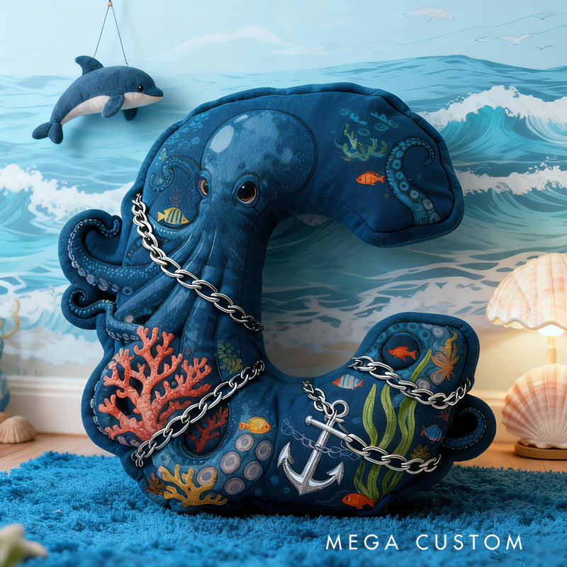 Personalized Ocean Letter Custom Name Soft Decorative Gift Underwater Sea Style Cozy Bedroom Blue Coral Octopus Anchor Fish Waves Marine Adventure Graphic 3D Print Pillow