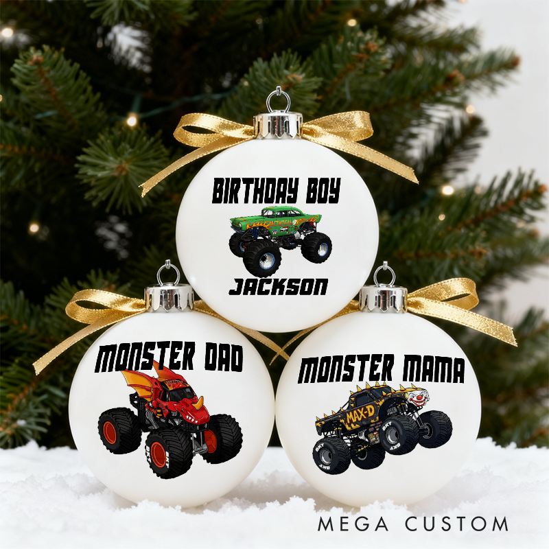 Personalized Monster Truck Christmas Ornaments Custom Designs Set of 3 Gift for Monster Truck Fans