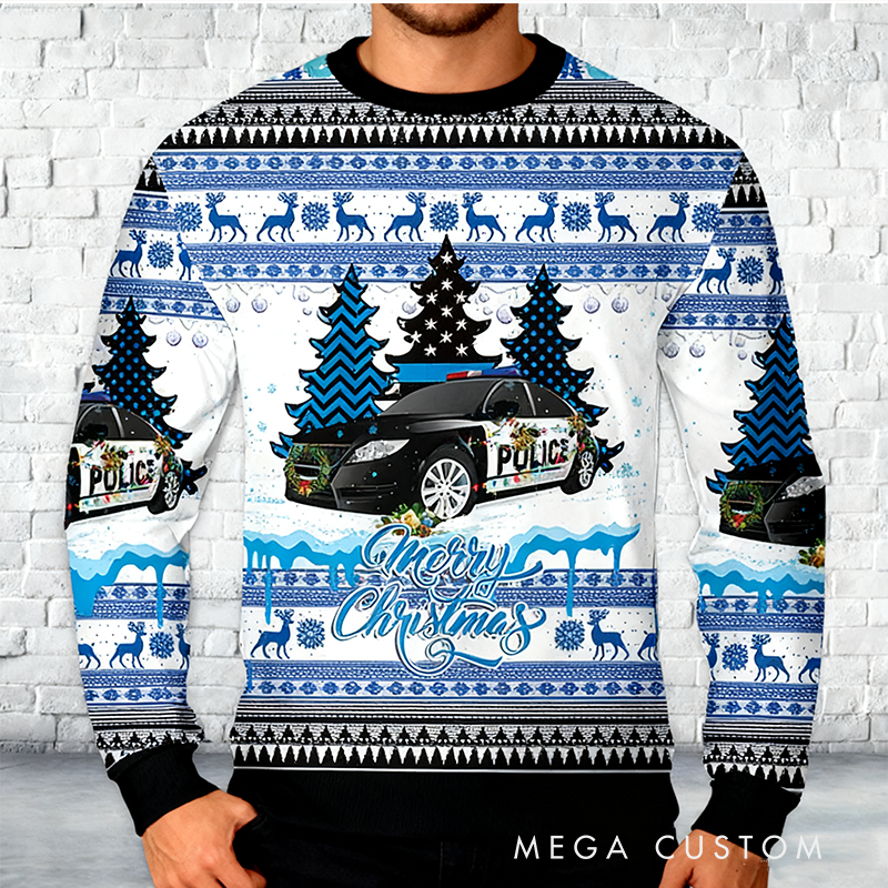 Personalized Police Themed Ugly Christmas Sweater Christmas Gift for Law Enforcement Fans Police Officer