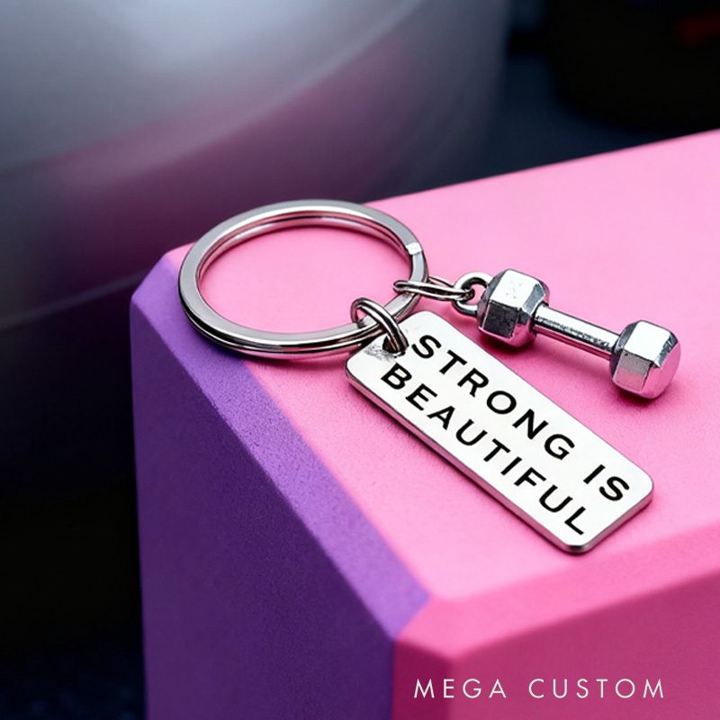 Personalized Engraved Strong Beautiful Keychain Fitness Gift for Her Gym Buddy Motivation Personal Trainer Gift Woman Key Ring for Gym Lovers