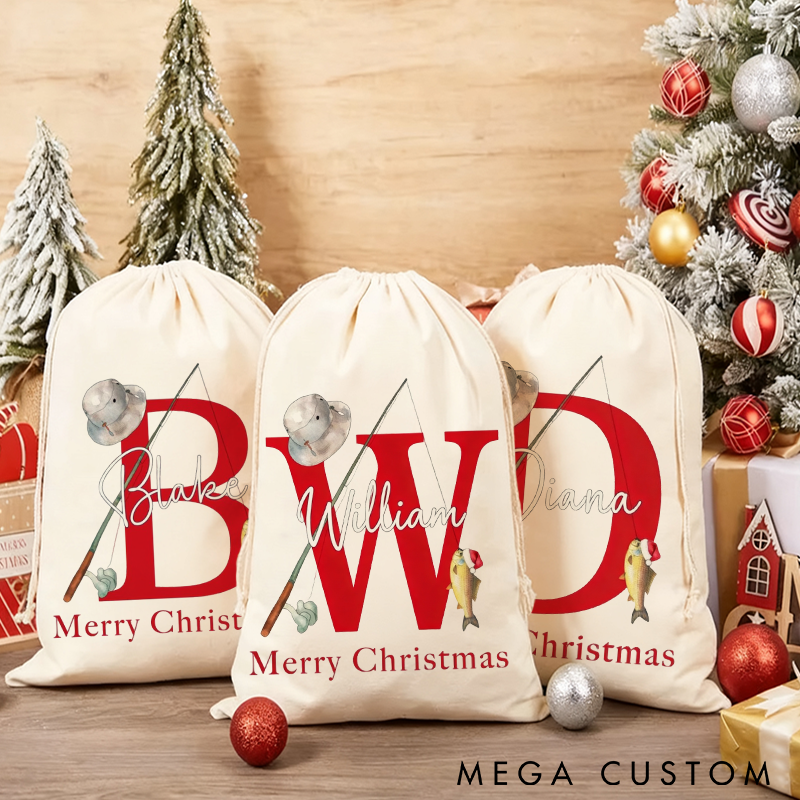 Personalized Fishing Themed Christmas Gift Bag Custom Name Santa Sack for Fishing Lovers Perfect Holiday Decoration and Gift Storage