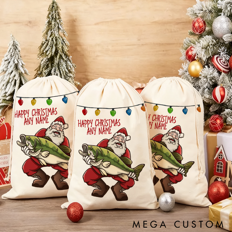 Personalized Fishing Santa Christmas Gift Bag Custom Name Holiday Sack for Fishing Enthusiasts Perfect for Gifts and Festive Decor