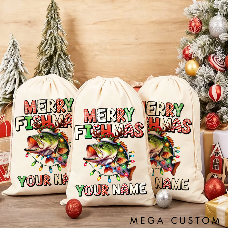 Personalized Merry Fishmas Gift Bag Custom Name Christmas Sack for Fishing Lovers Funny Holiday Decoration and Gift Storage