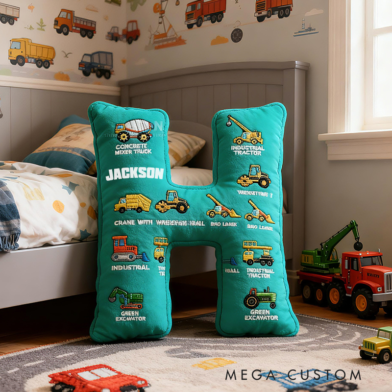 Personalized Construction Letter Custom Name Soft Decorative Gift Builder Truck Style Cozy Bedroom Blue Crane Excavator Tractor Vehicle Fun Boy Room Graphic 3D Print Pillow