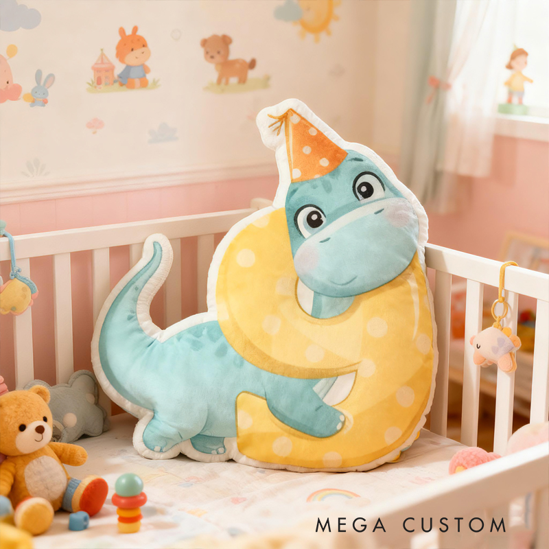 Personalized Dinosaur Letter Custom Name Soft Decorative Gift Cute Birthday Style Cozy Nursery Green Dragon Party Hat Sweet Baby Room Playtime Fun Graphic 3D Print Pillow