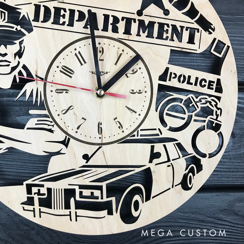Personalized Police Department Wooden Wall Clock with Engraved Design Gift for Police Officers and Law Enforcement