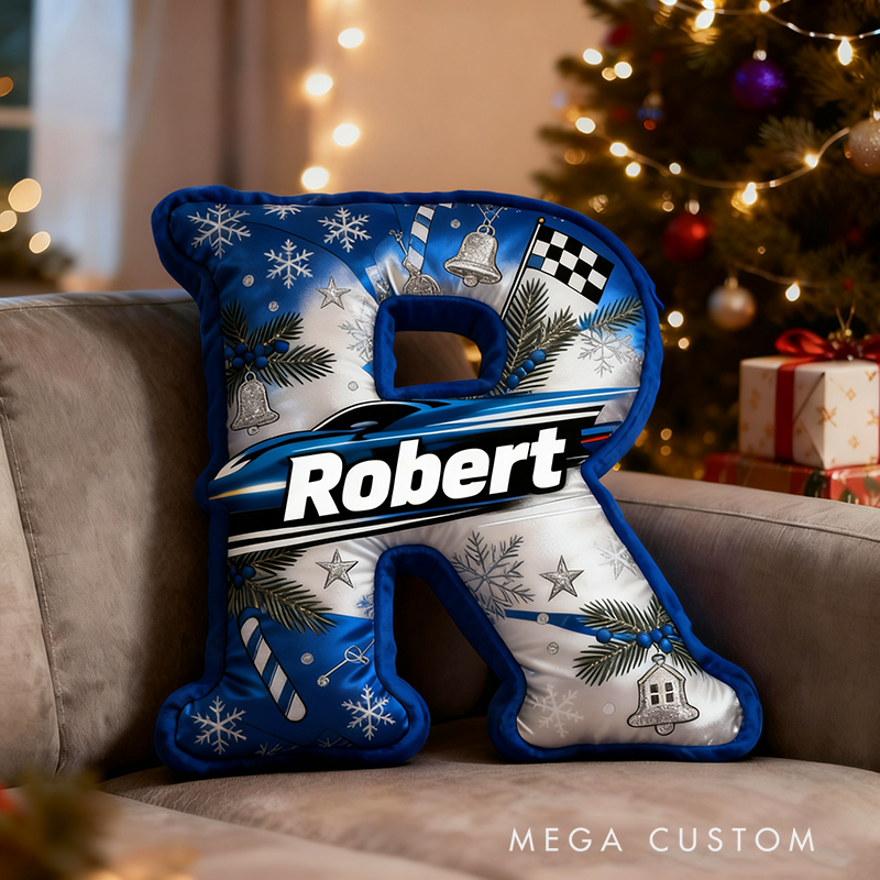 Personalized Racing Themed Letter Pillow with Custom Name Gift for Car Enthusiasts and Motorsport Fans