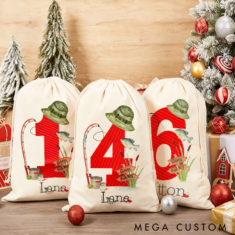 Personalized Fishing Gift Bag Christmas Children Gift Bag Custom Name and Number Design with Fishing Theme Perfect for Christmas Gifts or Fishing Gear Storage