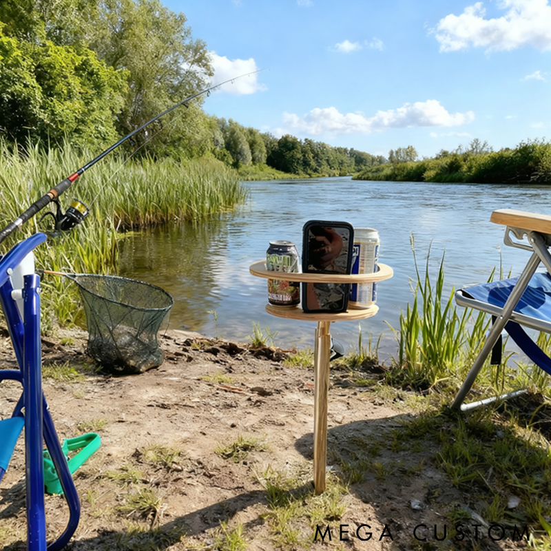 Personalized Fishing Table Engraved Wooden Design with Fun Quote Custom Name Portable Outdoor Table with Cup Holders for Fishing and Camping