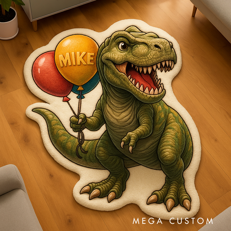Personalized Dinosaur Custom Name Soft Decorative Gift Cute Style Cozy Bedroom Blue Green Cartoon T Rex Fun Playtime Adventure Boy Room Creative Carpet Rug for Kids