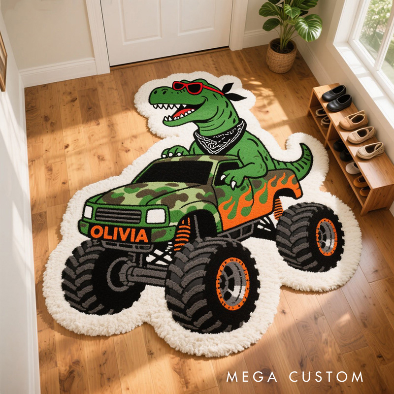 Personalized Dinosaur Jeep Custom Name Soft Decorative Gift Adventure Style Cozy Bedroom Green T Rex Red Car Cool Fun Playtime Explorer Boy Room Creative Carpet Rug for Kids
