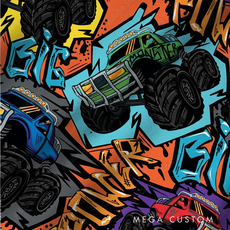 Personalized Monster Truck Racing Themed Christmas Pajamas with Colorful Graphics Gift for Motorsport Fans