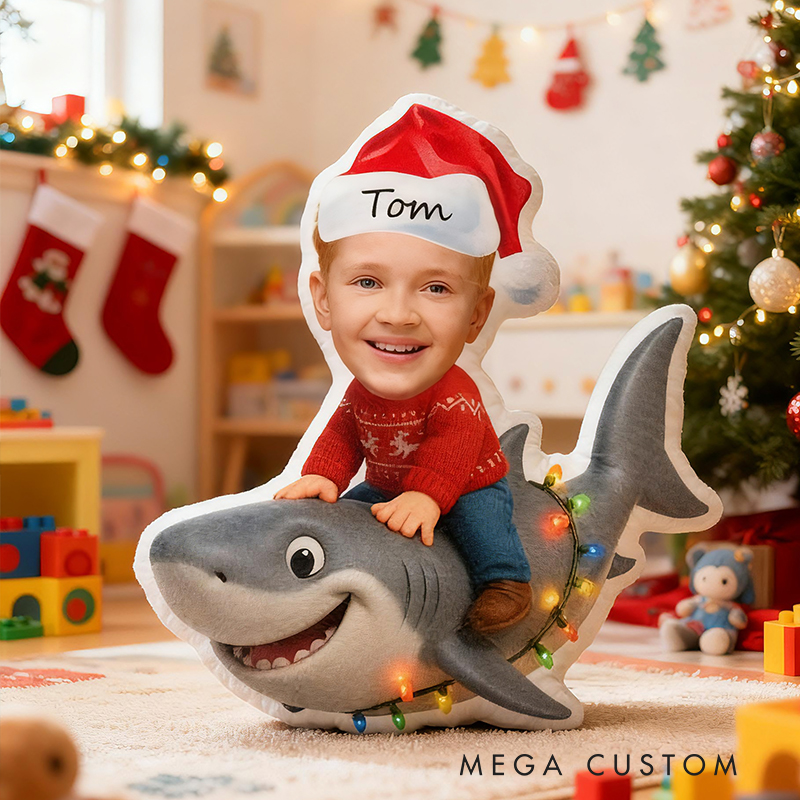 Personalized Christmas Shark Custom Name Soft Decorative Gift Holiday Fun Style Cozy Bedroom Red Green Santa Hat Joyful Ocean Adventure Cute Boy Room Festive Graphic 3D Print Pillow