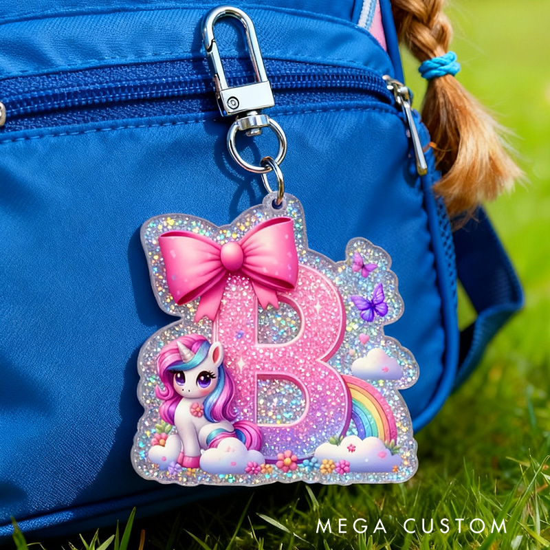 Personalized Dream Horse Bow Initial Custom Name Soft Decorative Gift Pink Rainbow Style Sparkle Dream Cute Magical Cloud Fantasy Lovely Girl Charm Accessory Glitter Keychain