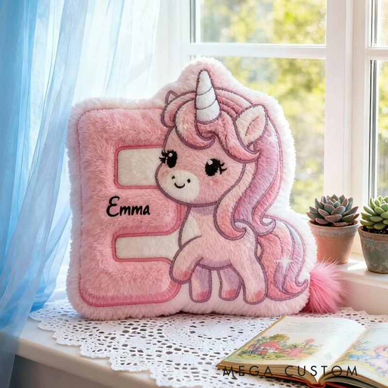 Personalized Unicorn Initial Name Custom Soft Decorative Gift Pink Cute Magical Style Lovely Pony Sweet Dream Cozy Bedroom Hug Pillow Fun Kids Room Graphic 3D Print Pillow