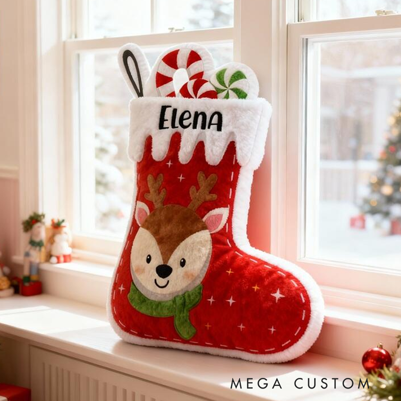Personalized Christmas Stocking Name Custom Soft Decorative Gift Red Holiday Style Cute Reindeer Candy Cozy Winter Festive Room Lovely Joyful Graphic 3D Print Pillow