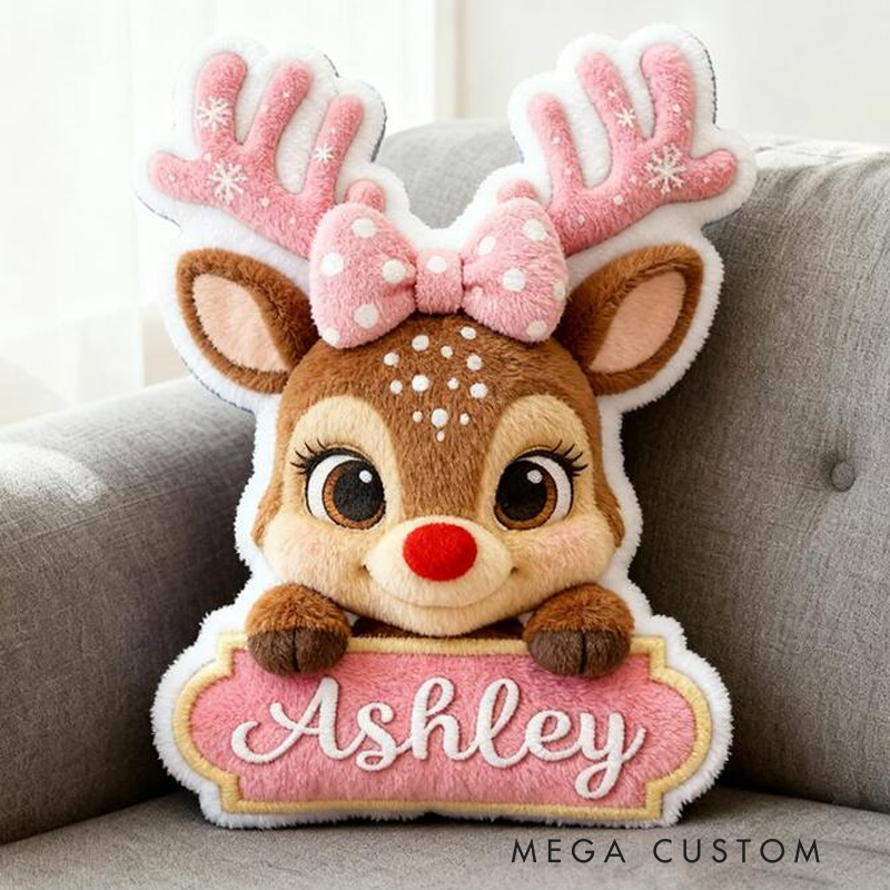 Personalized Reindeer Name Custom Soft Decorative Gift Red Nose Holiday Style Cute Winter Cozy Festive Joyful Lovely Christmas Room Fun Snowy Graphic 3D Print Pillow