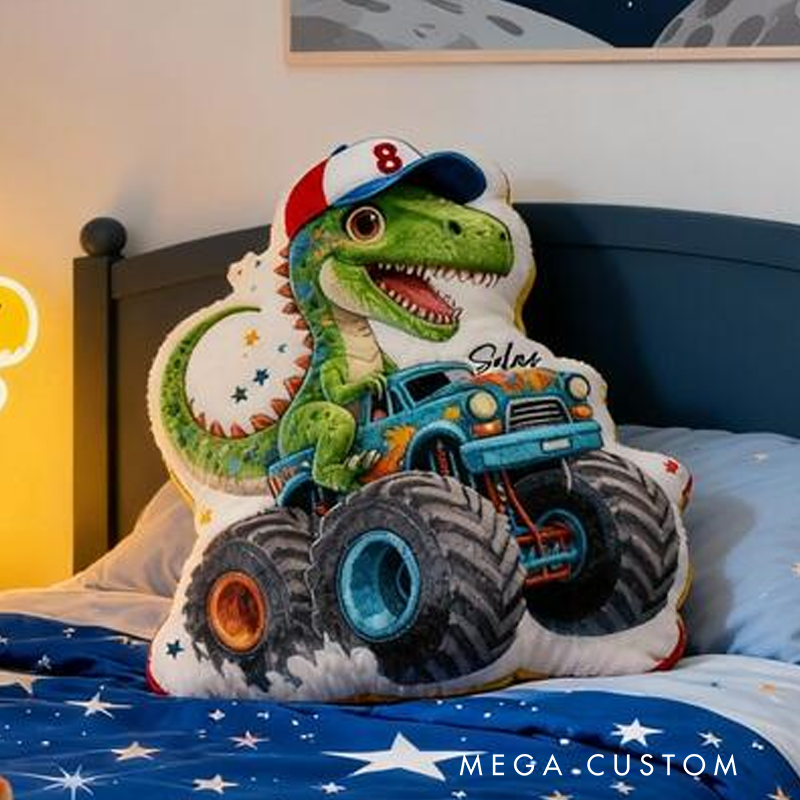 Personalized Dinosaur Truck Name Custom Soft Decorative Gift Green T Rex Style Fun Adventure Monster Car Cool Playroom Cozy Boy Room Exciting Graphic 3D Print Pillow