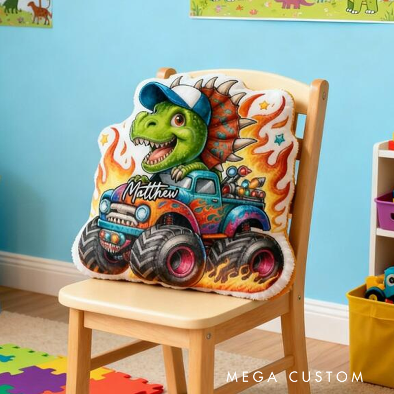 Personalized Dinosaur Truck Name Custom Soft Decorative Gift Green Spinosaurus Style Fun Adventure Monster Car Cool Playroom Cozy Boy Room Exciting Graphic 3D Print Pillow