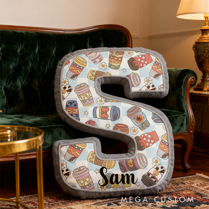 Personalized Coffee Themed Letter Shaped Pillow  Custom Name Design Gift