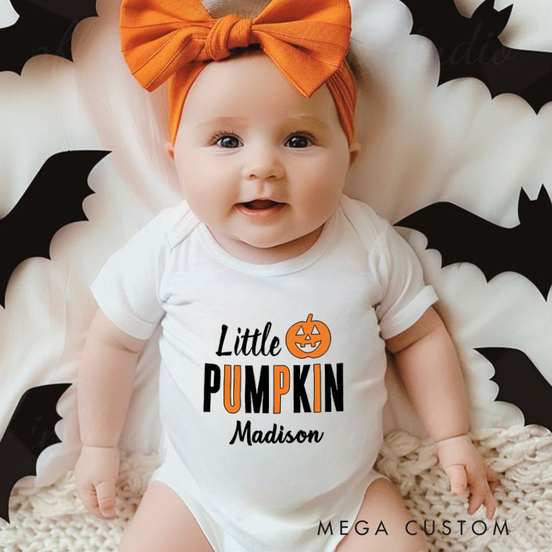 Personalized Little Pumpkin Featuring Halloween Motif and Customizable Name for Festive Baby Onesie